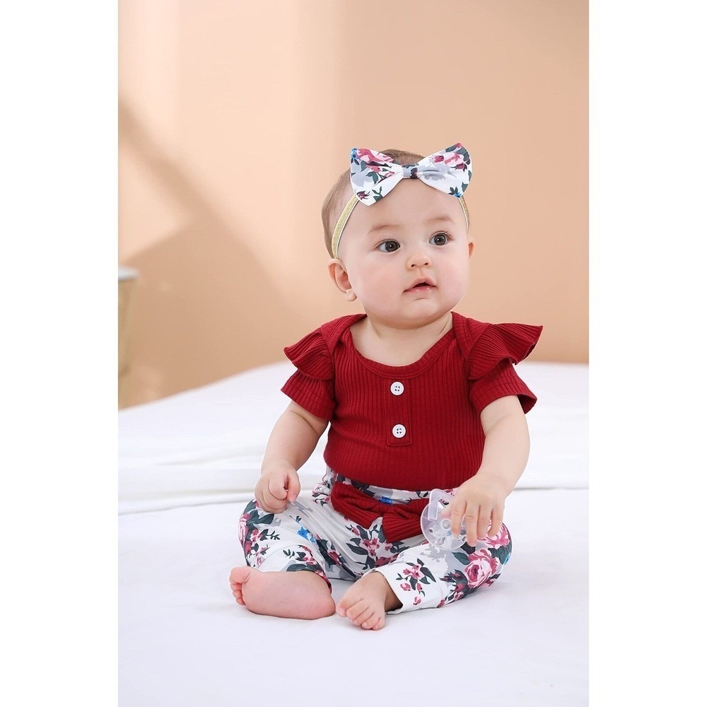 Newborn Baby Girl Floral One-Piece‎ Outfit w/ Pants & Headband Set